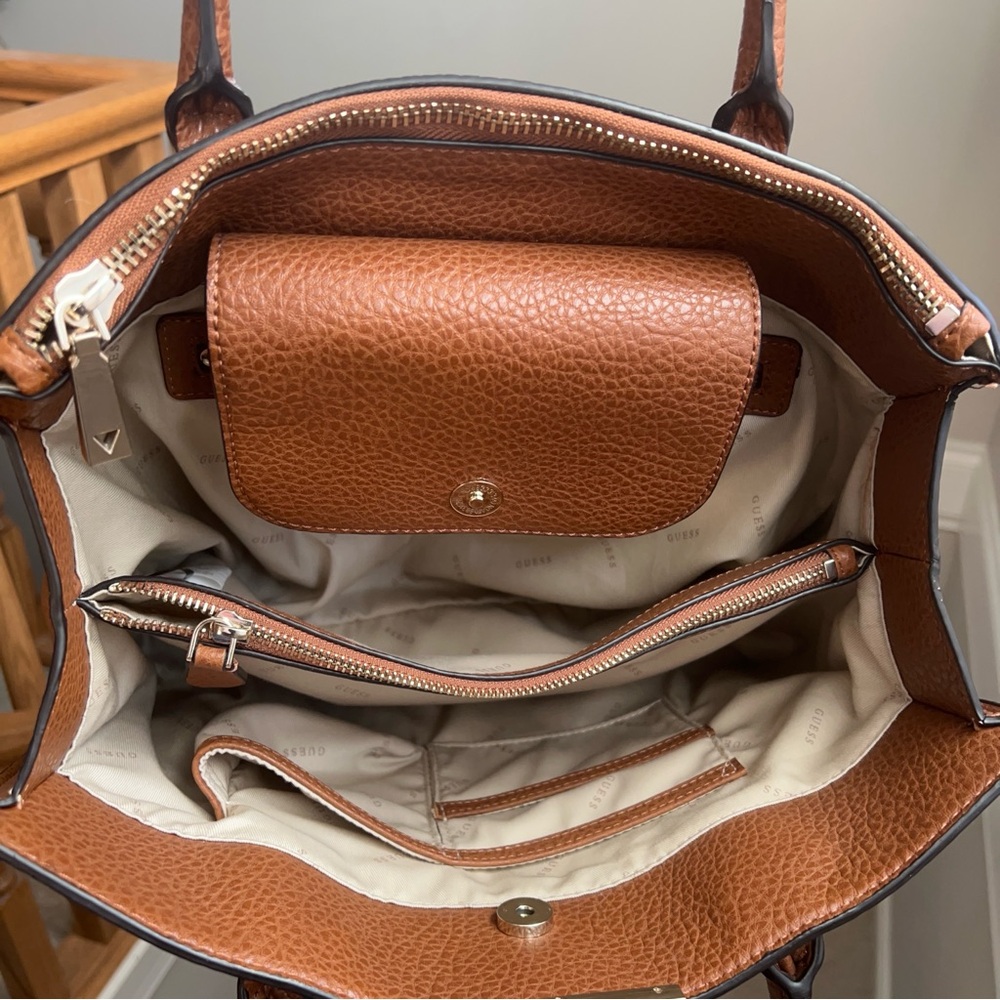 Guess Faux Leather Tan Rich Cognac Brown Structured Satchel Tote Bag - Picture 7 of 16